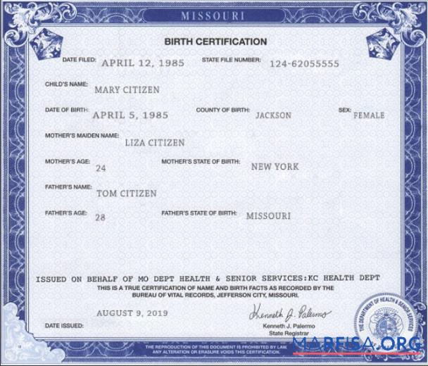 Downloadable USA Missouri state birth certificate template in PSD format